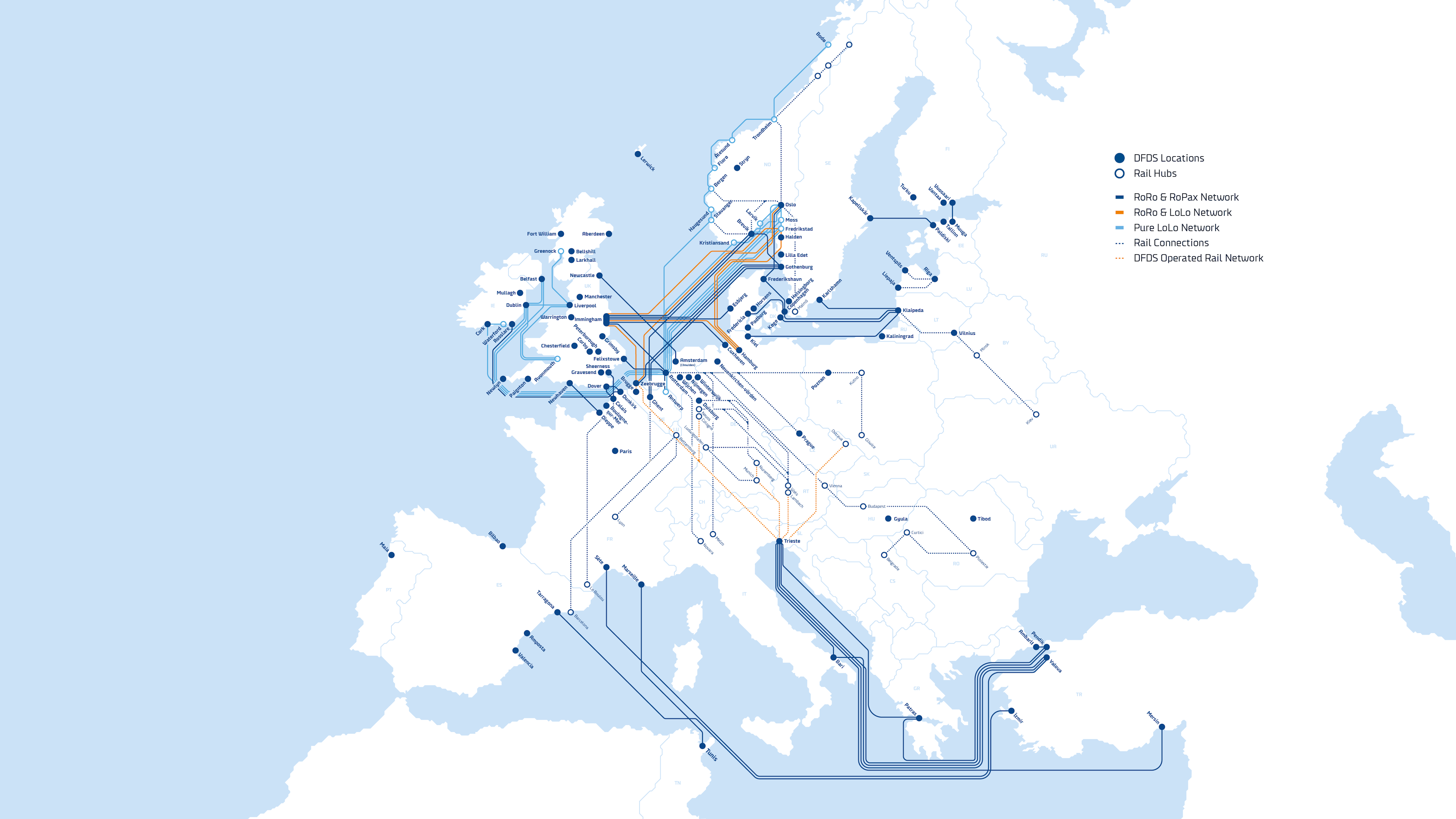 DFDS Routes map, Light, 2022 update